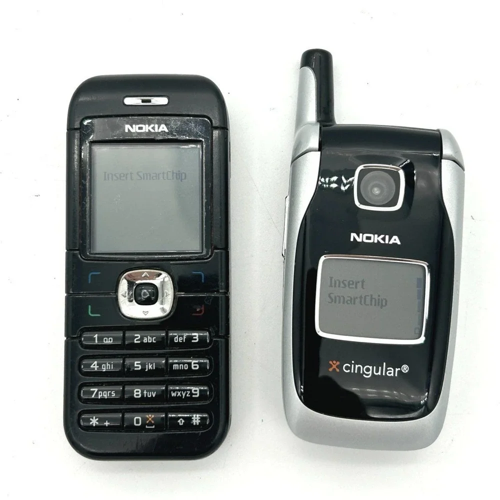 VTG Bundle of 2 Nokia Cell Phones w/Flip Phone and Chargers Powers On Needs SIM
